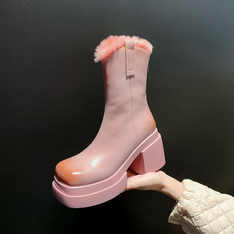 

2025 New Winter Women Platform Boots High Heels Shoes 100% Leather Pink Party Boots Women