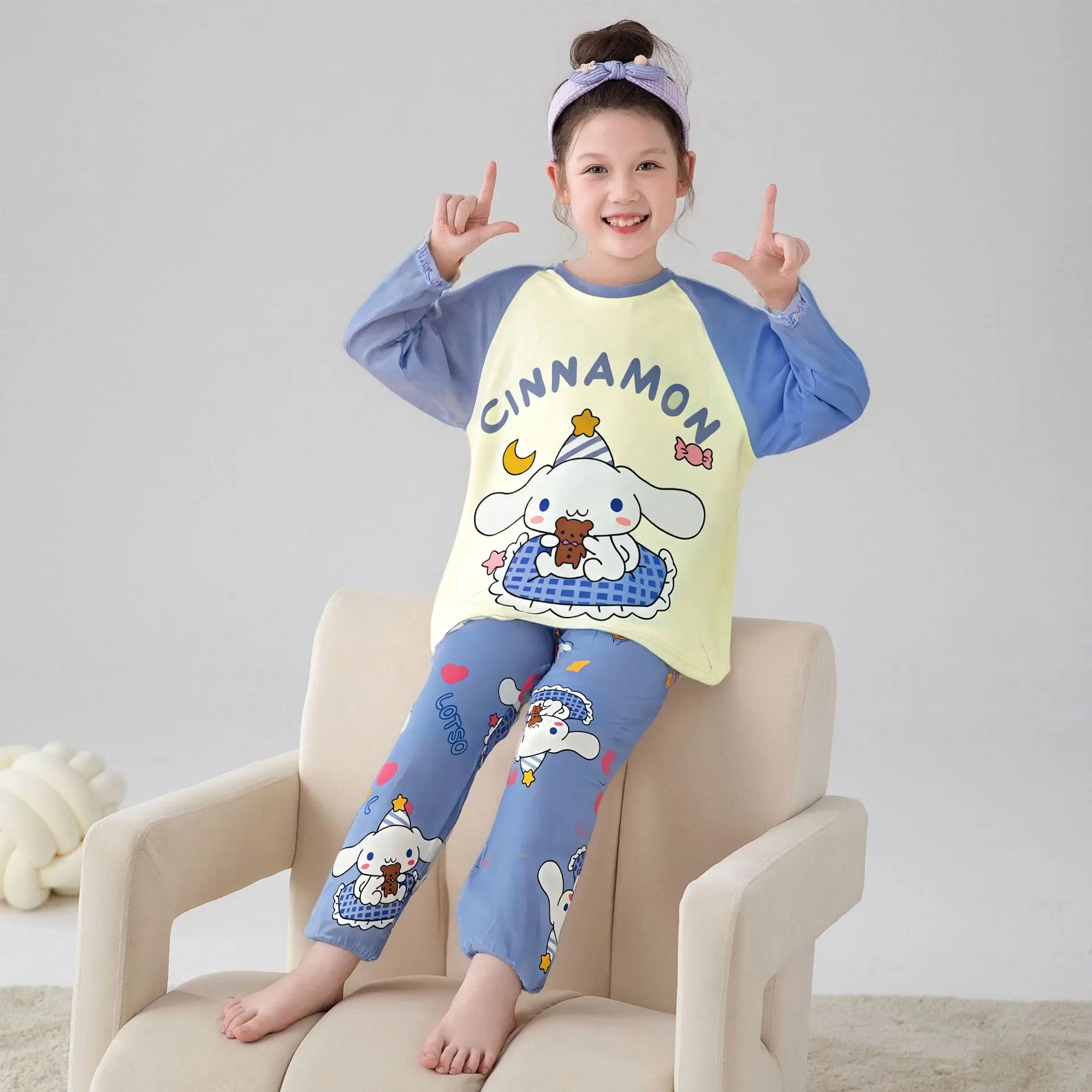 

Kawaii осенние пижамы Cinnamoroll Kuromi для девочек, аниме Kawaii, топы с длинными рукавами и круглым вырезом для родителей и детей, брюки, мягкая хлопковая домашняя одежда