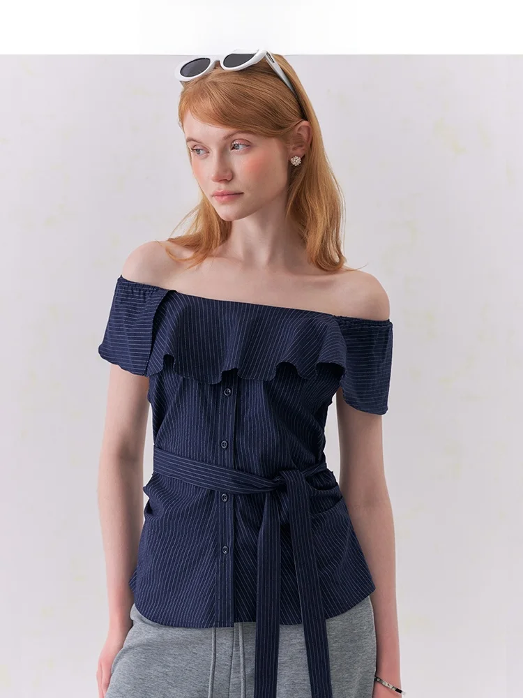 

Summer New Design JIUJIU Women's Shirt with Lace Sleeves And Stripes French Style Slim Fit Cotton Blend No Sleeve Button up Top