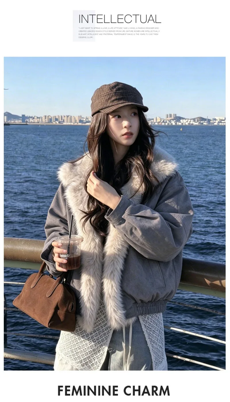 2026 Fashion Down Cotton-padded Jacket Women's Winter Coats Long Fur Collar Short Parkas Thicken Warm Streetwear Loose Outerwear