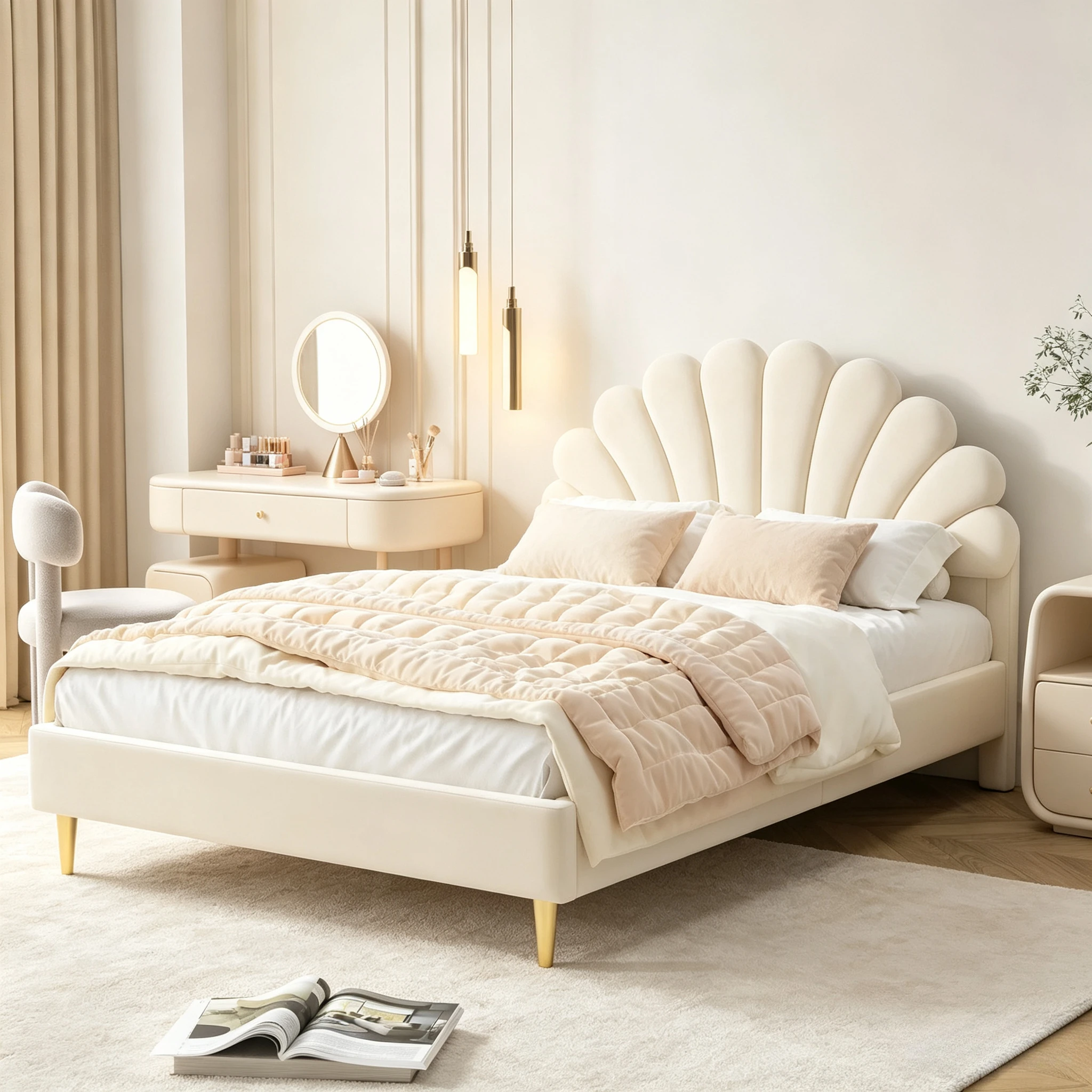 Lit simple, lit en forme de pétale, lit rembourré, 140x200cm, lit pour fille, velours, sommier à lattes, pour chambres, appartements, chambres d'amis, sans matelas.