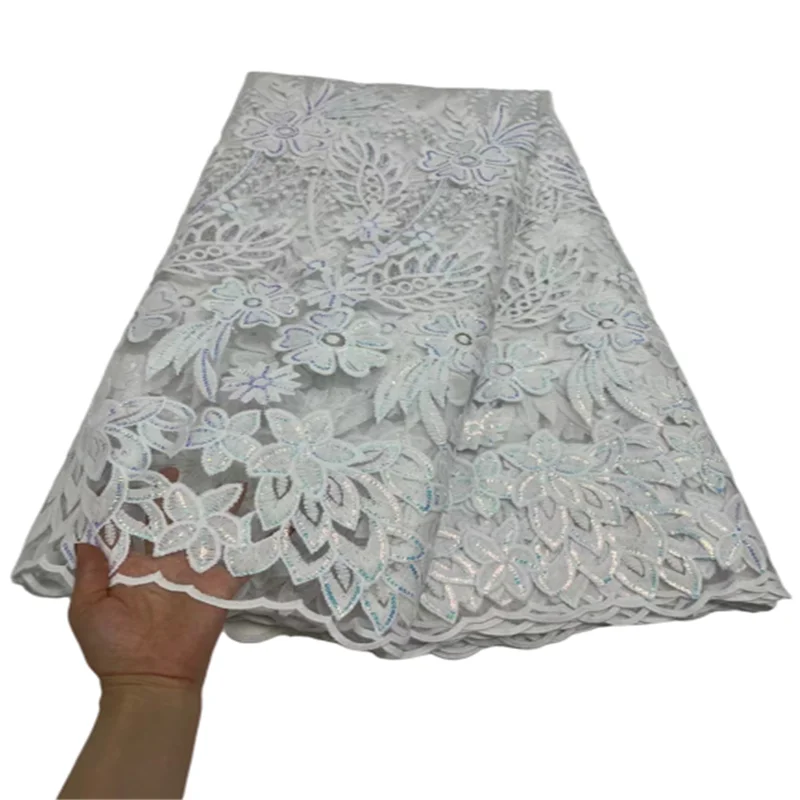 

White Milk Silk Lace Fabric 2022 High Quality Sequin Lace Fabric Nigerian Milk Silk Lace Tissue African Lace Wed Fabric