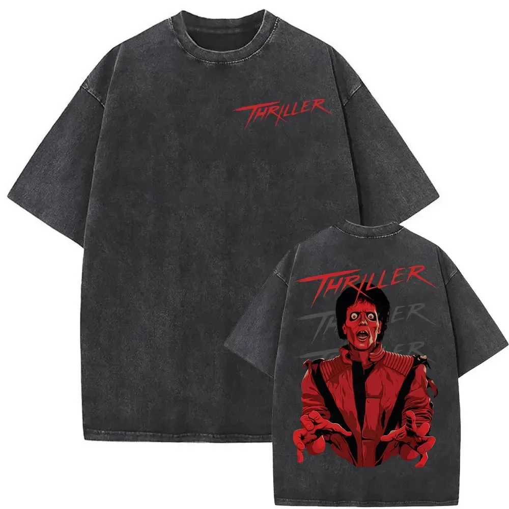 Pop King Michael Jackson Thriller Vintage Washed T-Shirt, Unisex Harajuku Hip Hop Style, Summer Crew Neck Casual Top T-Shirt