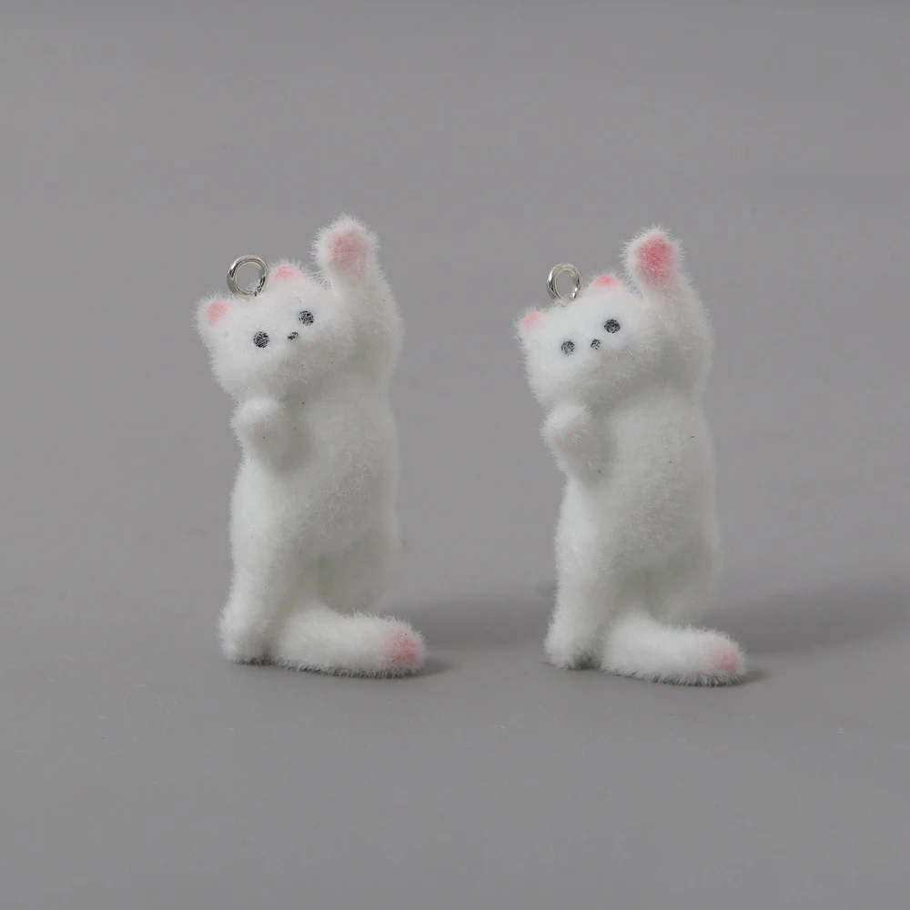 10Pcs Kawaii Flocked Small White Cat Resin Charms 3D Kitten Animal Pendants for Keychains Necklaces DIY Jewelry Make Accessories