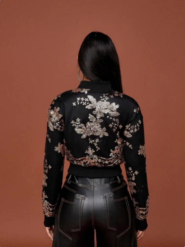 D&M Hot selling 2024 NEW Women Chic Sequin Embellished Short Jacket Casual Round Neck Long Sleeved Autumn Lady Elegant Coats