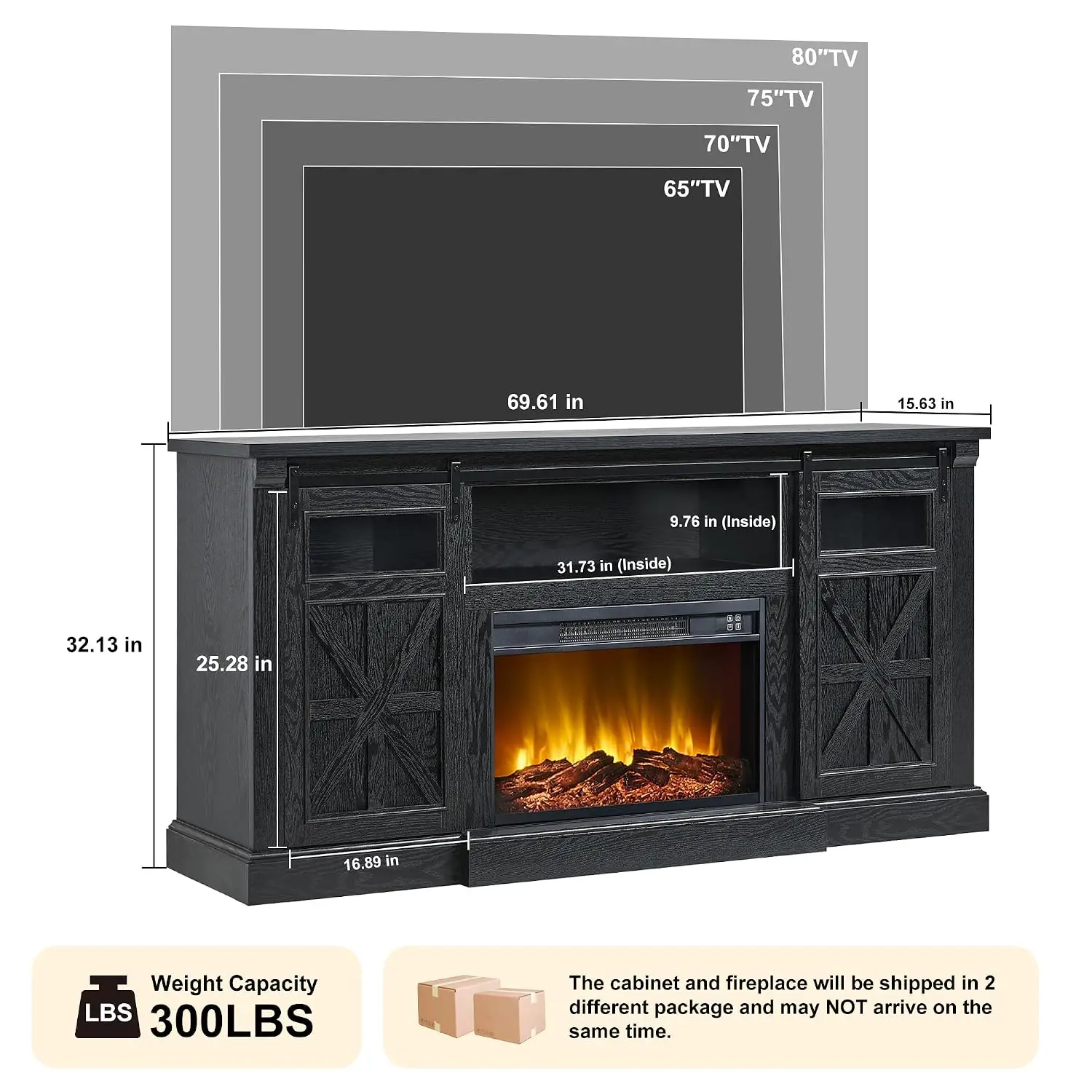 Fireplace TV Stand W/LED & Sliding Barn Door, Fits 80 Inch TVs, Farmhouse Entertainment Center For Living Room, Black,Customized