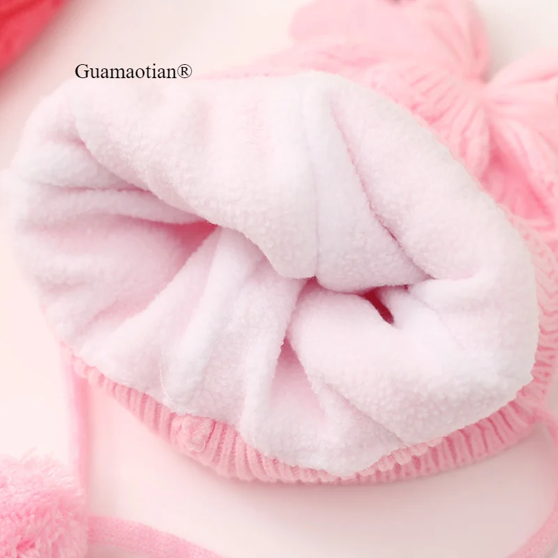 Winter Cute Warm Knitted Baby Hat Kids Ear Protection Caps with Bow Pink Cartoon Bunny Beanie Hat for Girls 0-12M