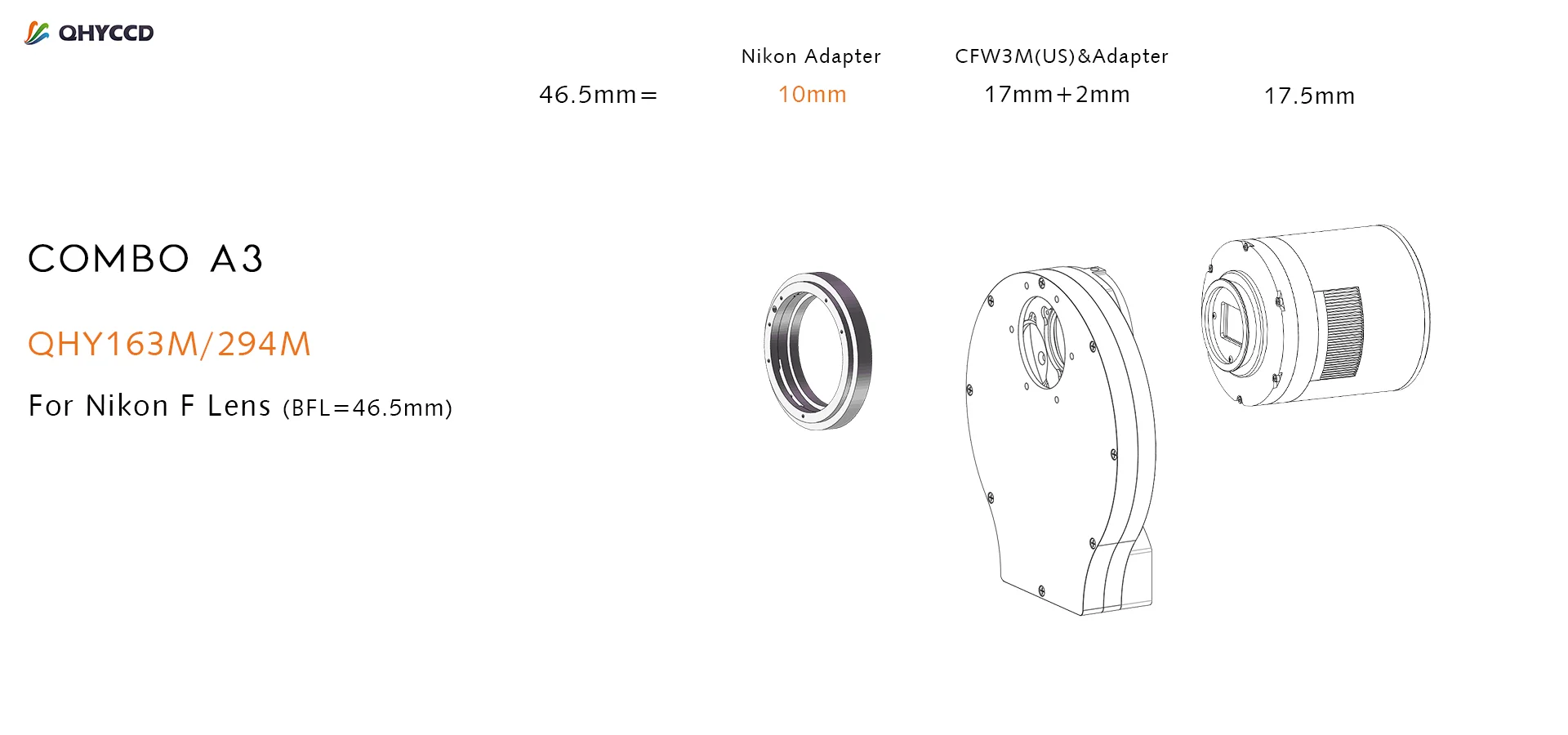 QHYCCD Adapter Kit A3 10mm M54 Nikon F Lens for QHY163/294 CFW3M