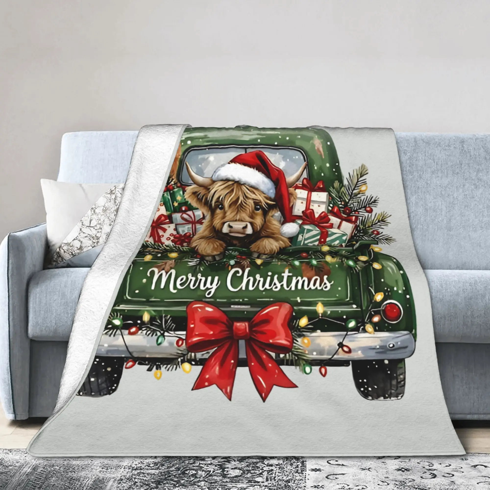 Christmas Highland Cow Truck Knitted Blanket Flannel  Super Soft Throw Blankets for Outdoor Travel Bed Rug