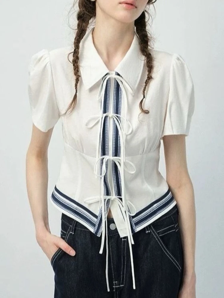 

Preppy Style Sweet Blouses Puff Sleeve Lace-up Contrast Color Crop Tops 2025 Summer Female Slim Shirts Design Women's Clothing