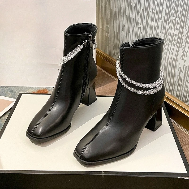 Indossare stivaletti con catena di perline Moda punta quadrata cerniera laterale suola morbida antiscivolo scarpe con tacco largo resistenti all'usura