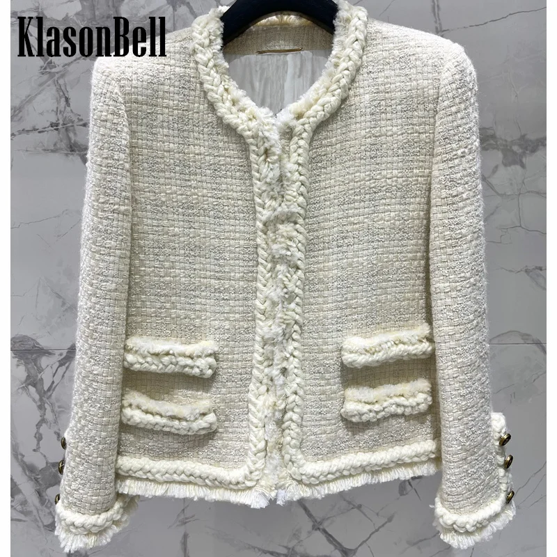 

8.5 KlasonBell Women's Classic Plaid Wool Tweed Short Jacket Fashion Weave Tassel O-Neck Shoulder Pads Thick Outerwear