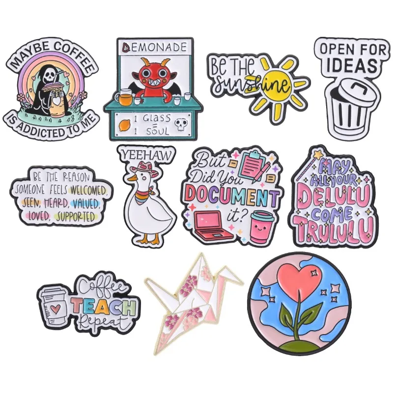 Positive Funny Slogan Enamel Pins Teacher Coffee Motivational Brooch Skeleton Devil Yeehaw Duck Origami Crane Badge Jewelry Gift