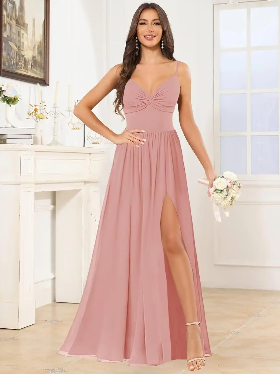 Dames A-lijn V-hals Bruidsmeisjesjurken voor dames met split Spaghettibandjes Geplooid Chiffon Formele avondjurk Feestjurk