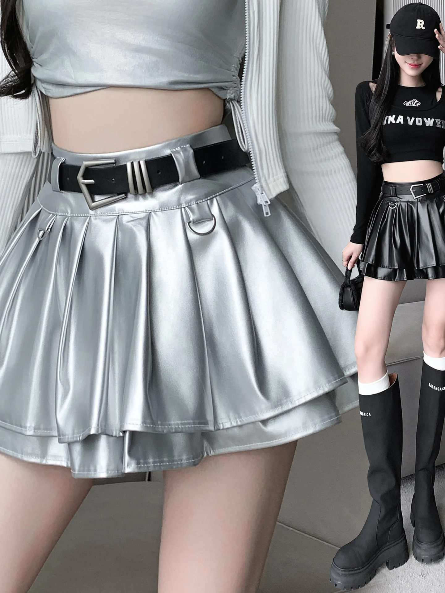 

Anti Glare Silver Pleated Leather Skirt Women's High Waist Slim Fit f Length Anti Static Ele Faionable Spring Season
