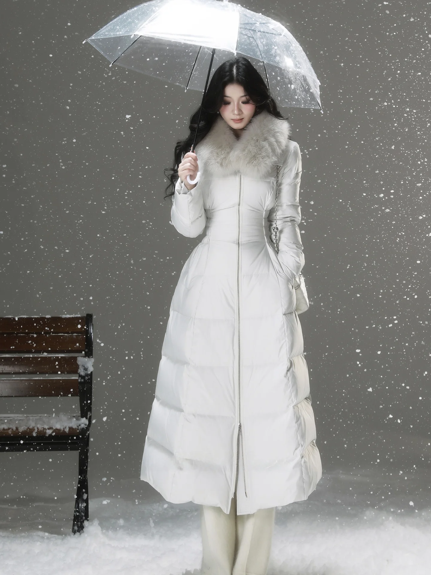 

Li Buwan Korean Sle Long down Jaet 90% Fur Women's Soft Waist Cinching 4 Rows of Elastic Warmth Thi Long Coat