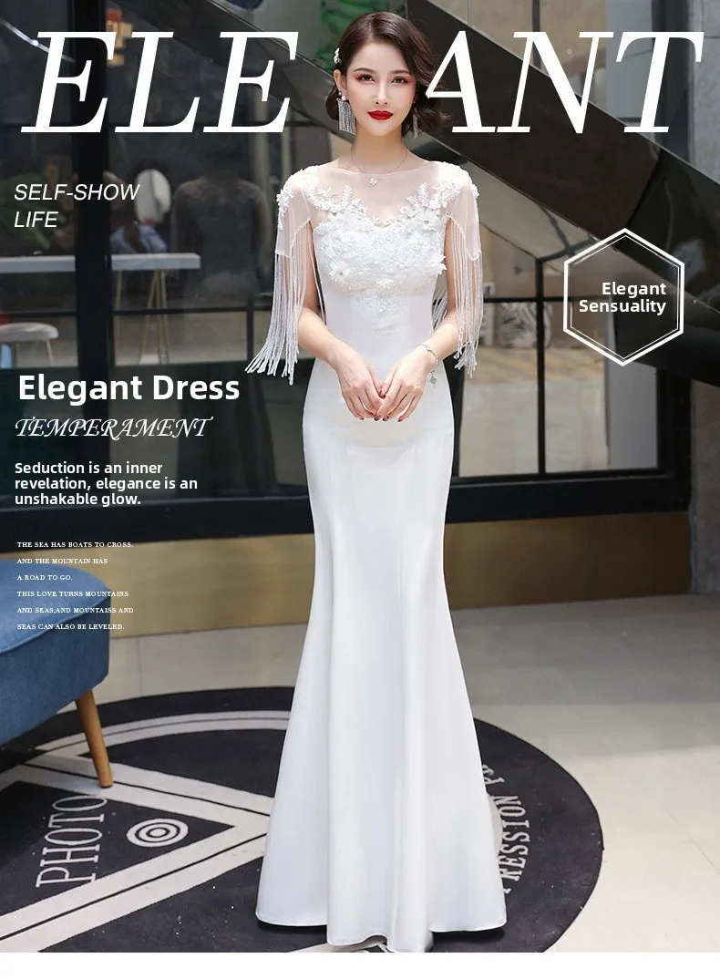 

Ele Long White Evening Gown with Fi Tail Design Korean Sle Formal Dr for Women mid Waist Deep V Ne Beaded
