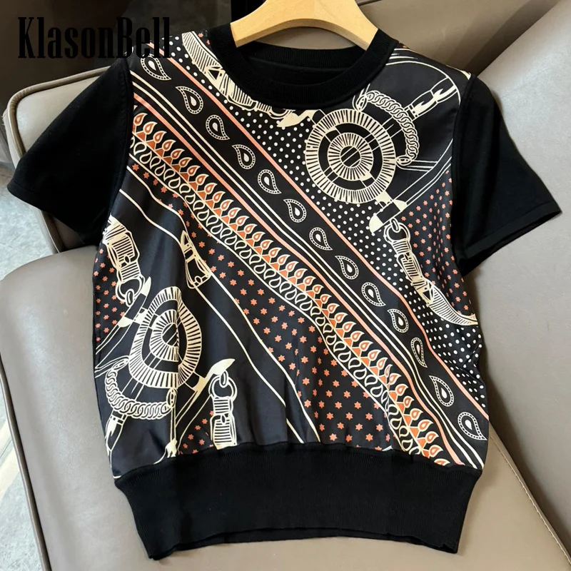 

6.29 KlasonBell Women New Geometric Star Print Silk Spliced Short Sleeve Knitted T-Shirt Black Temperament Slim Tee