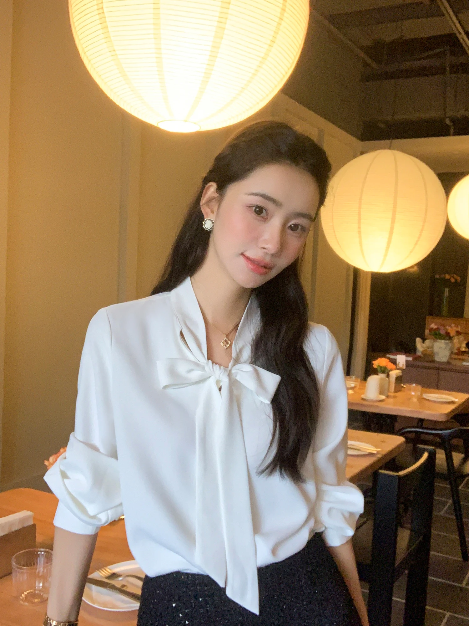 

Ele White irt с галстуком-бабочкой Pusumede Moonlight Gentlewoman Commute irt Свободный крой из полиэфирного волокна Long Sve