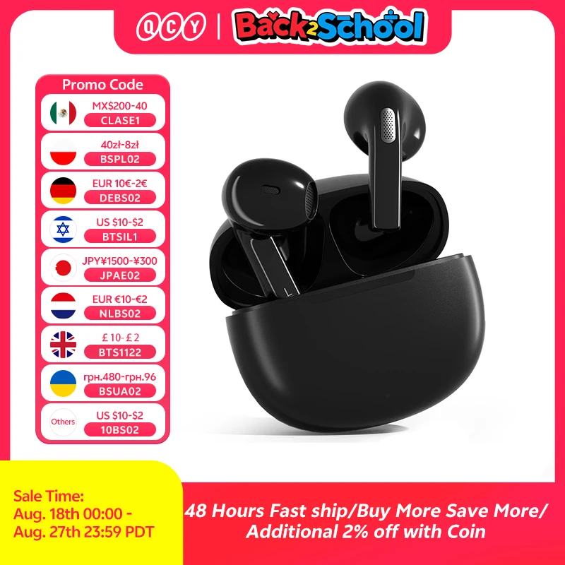 QCY T20 Wireless Headphones Bluetooth 5.3 TWS Earphones 13mm Big Driver HIFI Headset 4 Mics ENC HD Call Earbuds 68ms Low Latency