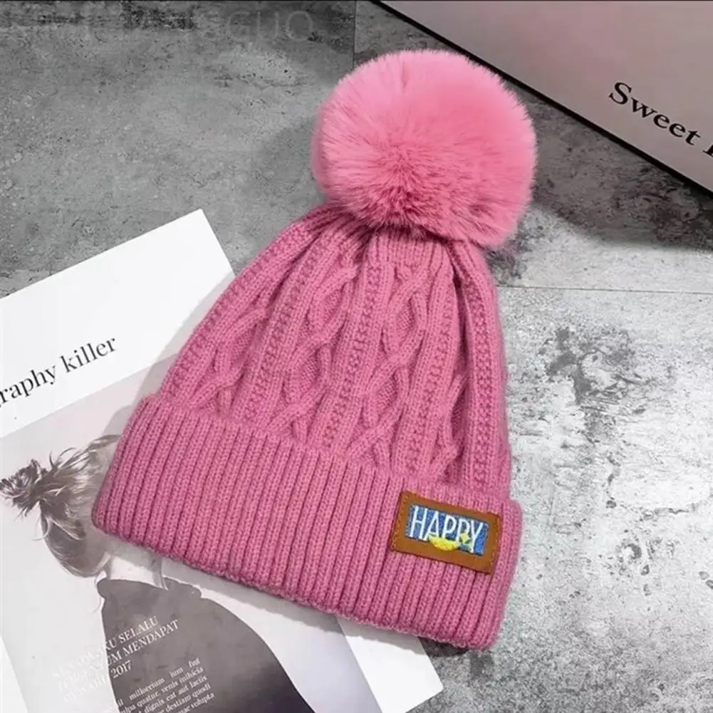 Ladies Thermal Hat Winter Women's Plush Ball Knitted Hat for Outdoor Activities Warm Windproof Anti-slip Beanie Headwear