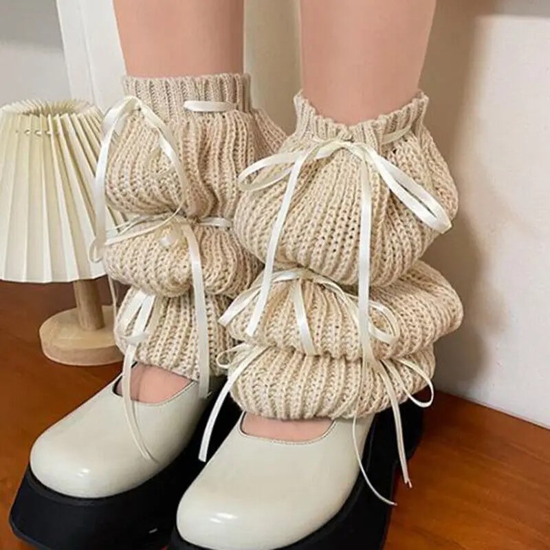 JK Lolita Harajuku Leg Warmers Women Bubble Lantern Lace-up Stockings Leg Cover Gothic Y2K Style Crochet Wool Knitted Long Socks