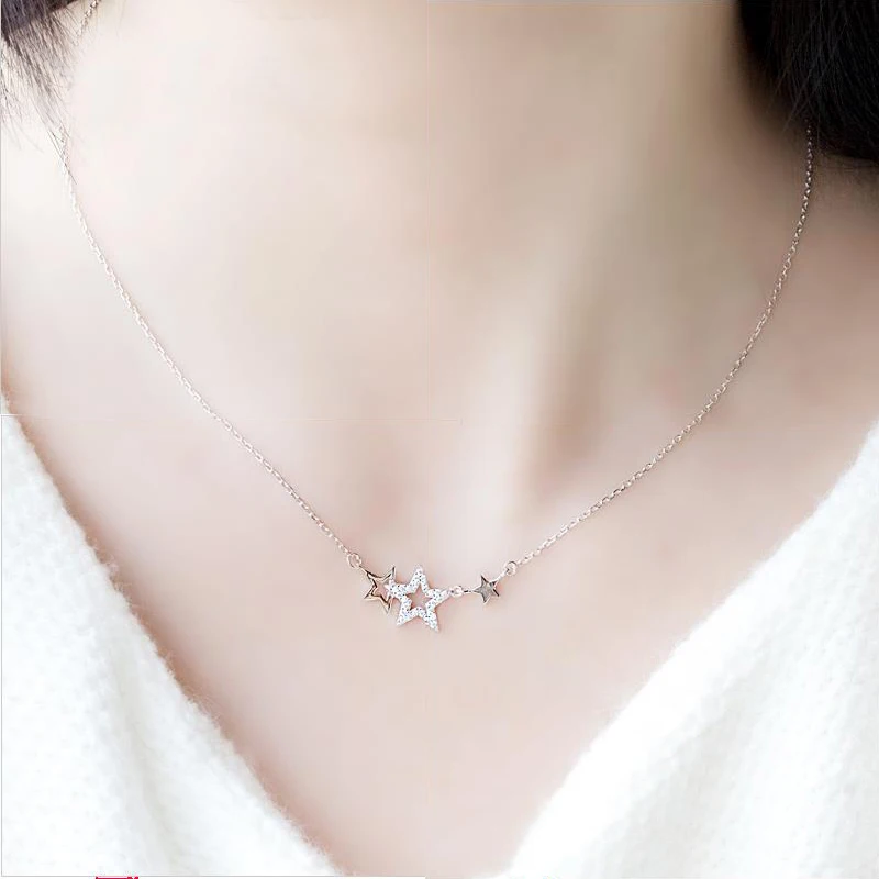 New 925 Sterling Silver Star Necklace Shiny Zircon Pentagram Clavicle Chain Exquisite Small Pendant Female Wedding Jewelry Gift