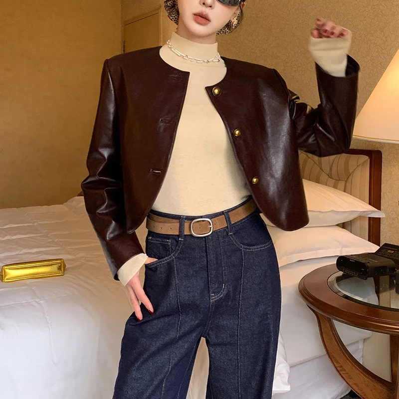 Vintage Wine Red Women's Real Leather Jackets Chic O-neck Single Breasted Female First Layer Sheepskin Short Jackets Coats 2025