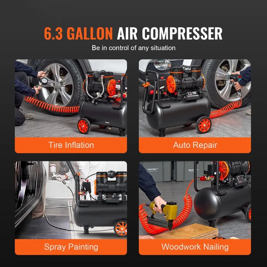 6.3 Gallon Air Compressor 2 HP 3.35 CFM@90PSI Oil Free with Max 116PSI Pressure for Auto Repair Tire Inflation Spray Painting W