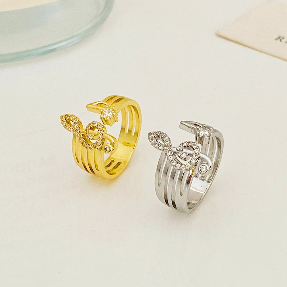 Fashion Gold Silver Color Zircon Music Note Ring Trend Copper Open Rings for Women Statement Finger Jewelry Wedding Decoration