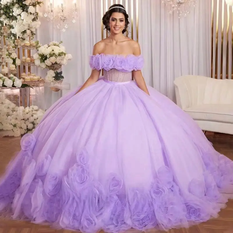 Abito da ballo grazioso personalizzato Abito Quinceanera Abito da ballo per ragazza con spalle scoperte Abito increspato con applicazioni Quinceanera Rouge