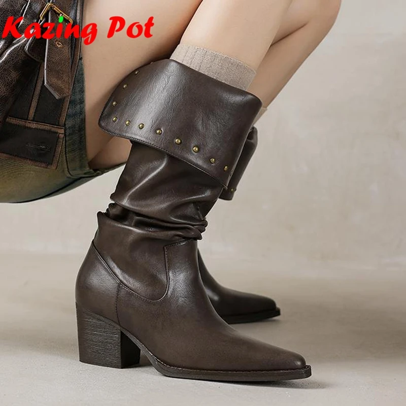 

Plus Size Cow Split Skin Thick High Heels Retro Western Boots Casual Warm Winter KPOP Design Lycra Rivets Women Mid-calf Boots