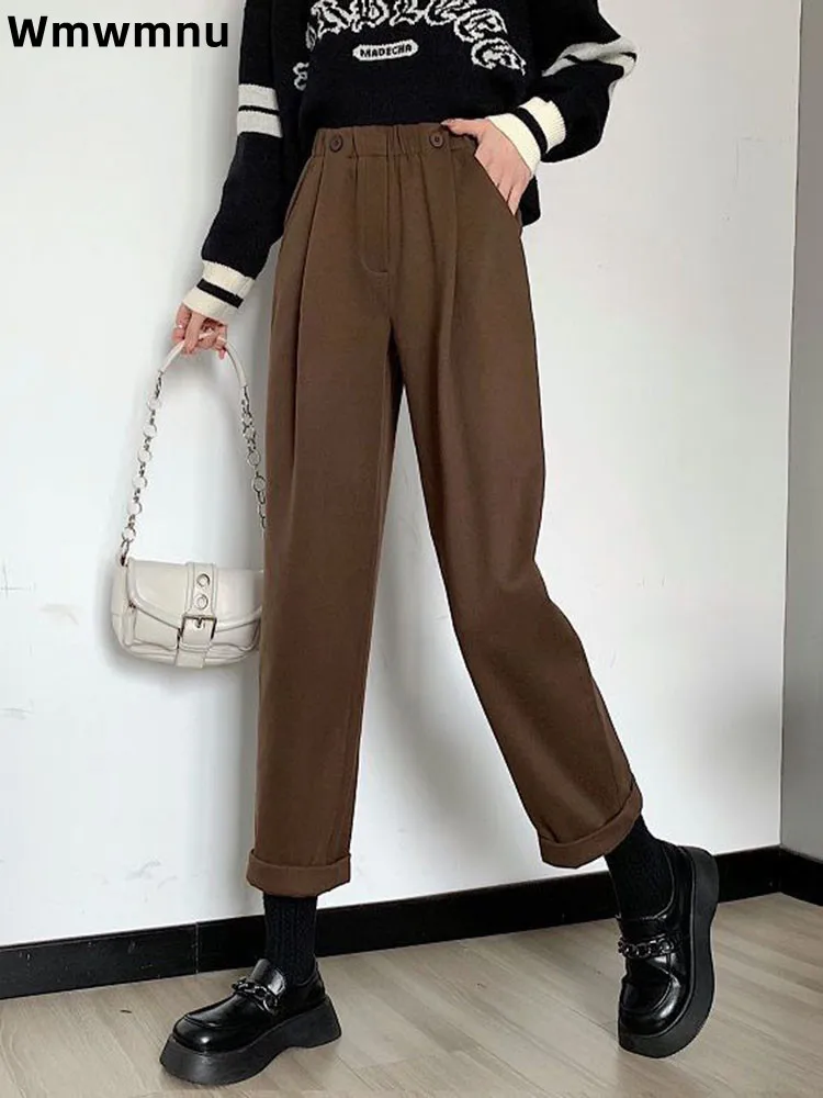 مكتب سميكة الصوفية سراويلي حريمي فضفاض المرأة عادية عالية الخصر مستقيم الكاحل طول بنطلونات فضفاضة موضة بنطلون