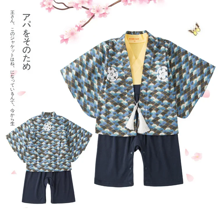 Spring Autumn Toddler Baby Boys Cotton Blue Floral Print Coat Romper Classic Japanese Style Kimono Clothes