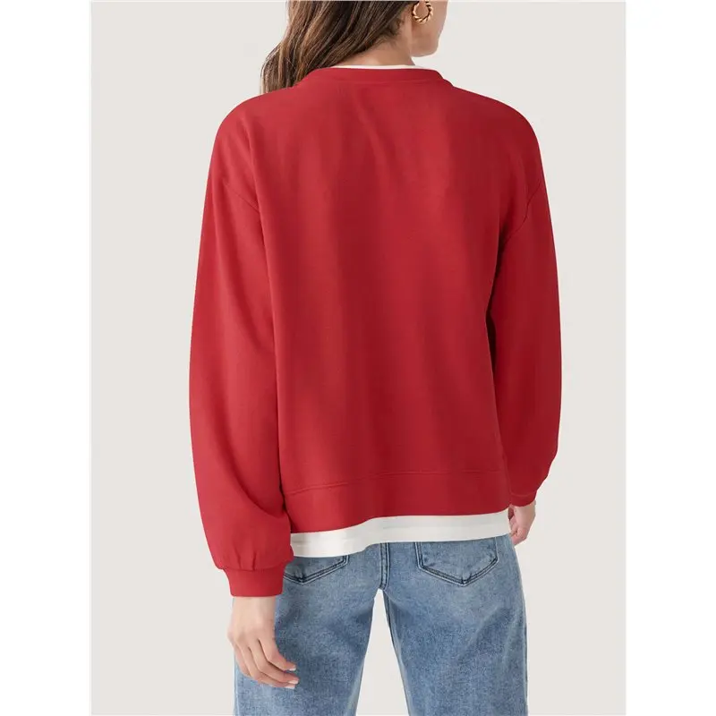 Women's Fake Two Piece Layered Crew Neck Drop Shoulder Oversized Sweatshirt Red S Eco-Friendly