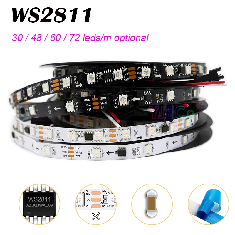 

12V 24V 5m addressable WS2811 LED Strip 30/48/60/72leds/m Smart 5050 RGB pixel Lights Bar External IC IP30/65/67 flexible Tape