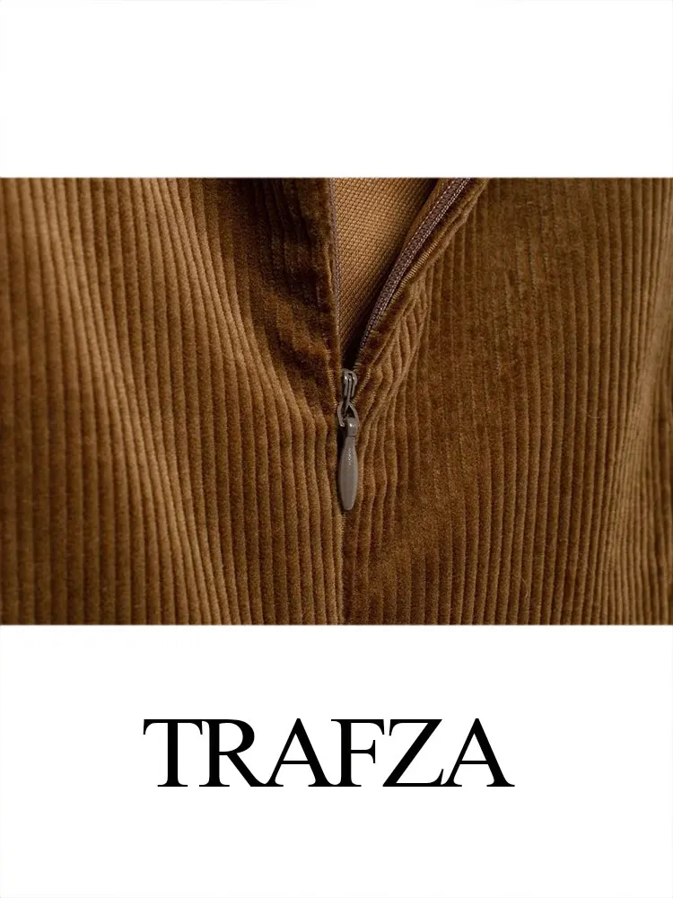 TRAFZA ฤดูร้อนผู้หญิง Retro Corduroy เข็มขัดตกแต่ง Slim Dress แฟชั่นรอบคอซิปตกแต่งผู้หญิง Midi กระโปรง Y2K