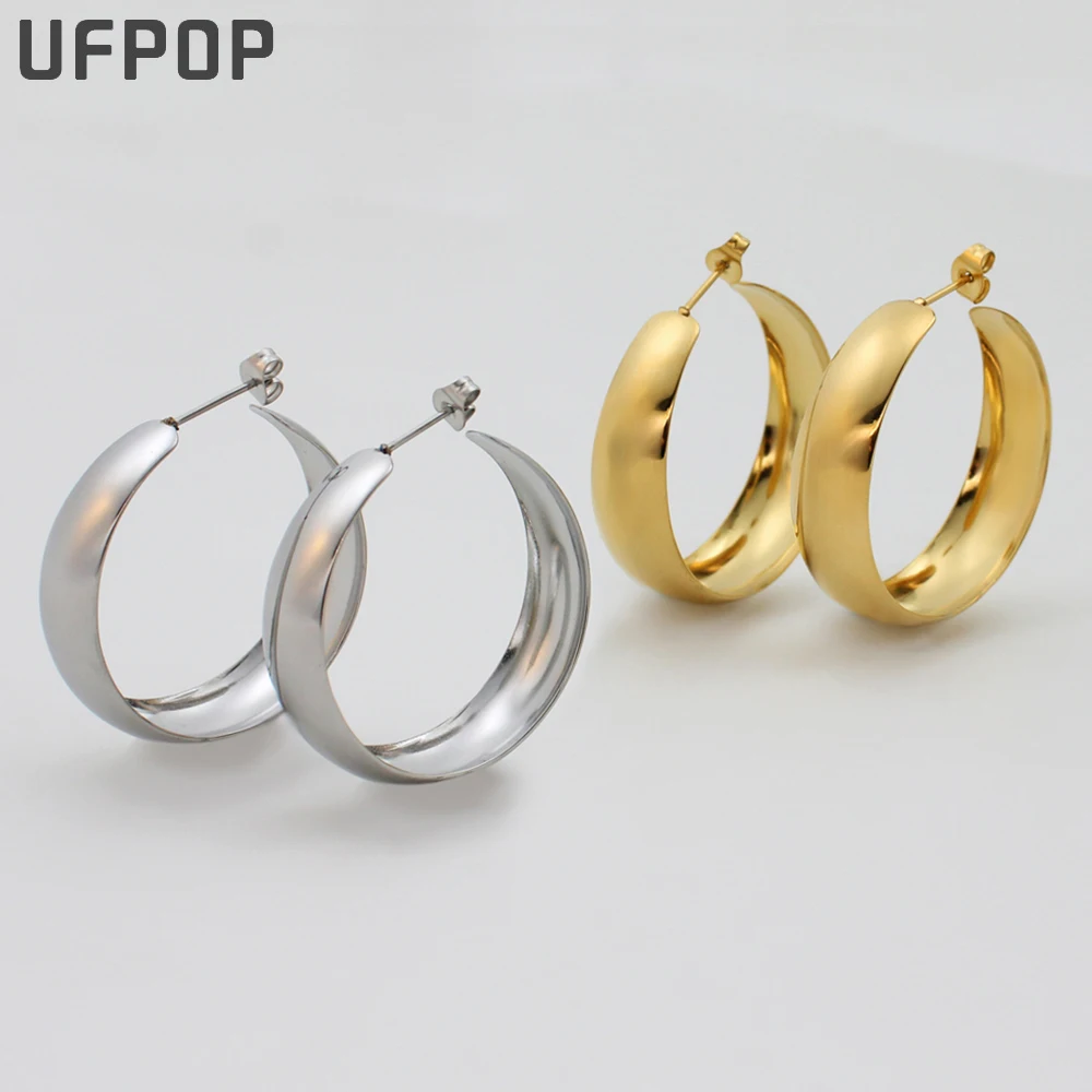 304L Stainless Steel Chunky Wide Hoops Earrings Minimalist Women Gold Silver Color O-Shaped Bijoux Anti Allergic