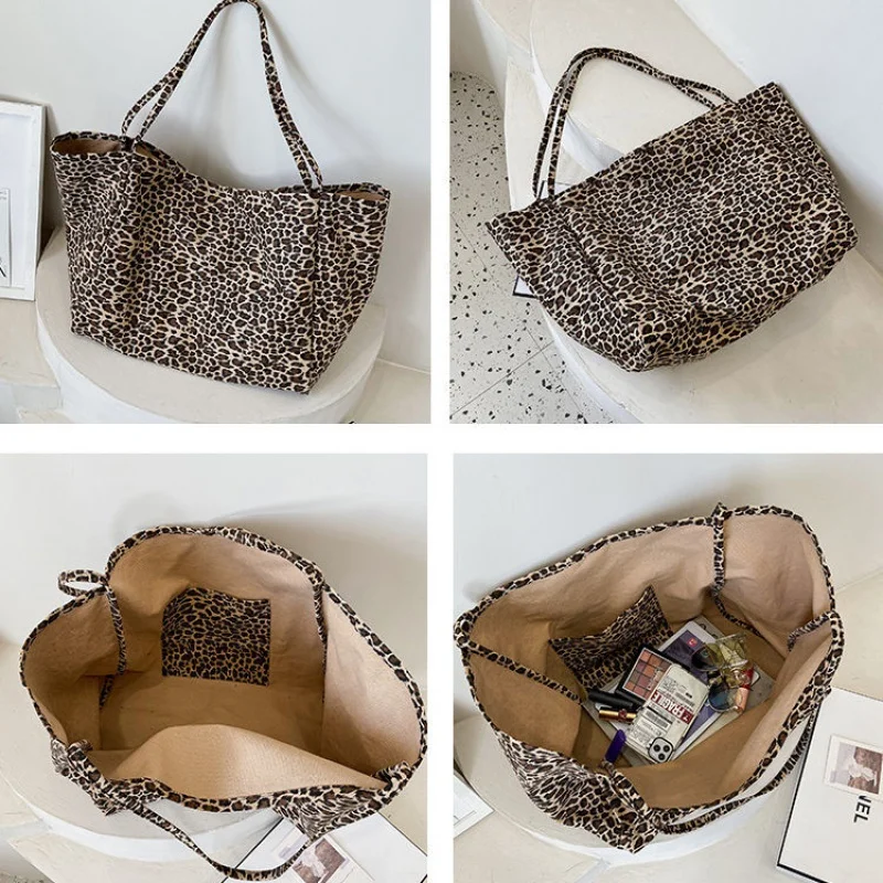 Large Capacity Leopard Print Tote Bag Canvas Handbag Female Women Fashion Casual Shopping Eco Friendly Shoulder Bag