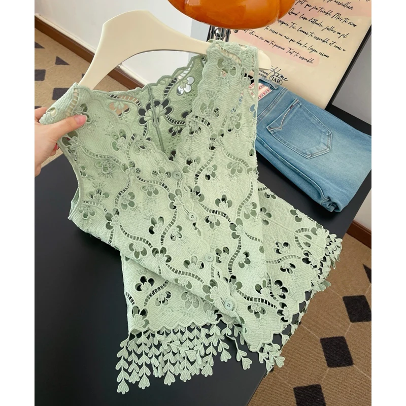 

Летняя пляжная блузка в стиле бохо с вышивкой крючком, ажурная, без рукавов, с бахромой, женский кардиган-рубашка