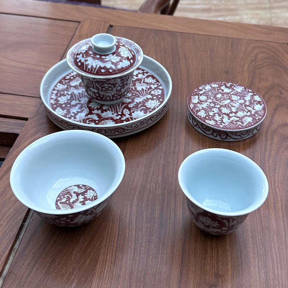 

Jingdezhen Handmade Firewood Kiln Red One Heron Liansheng Gaiwan Tea Cup Pot Tray Two Small Cover Bowl Kung Fu Rock