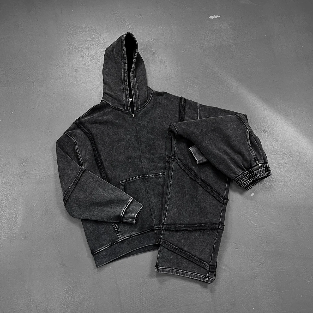 Autumn Winter Cotton Splicing Irregular Fraying Vintage Acid Wash Straight Leg Sweatpants Baggy Casual Distressed Joggers Men