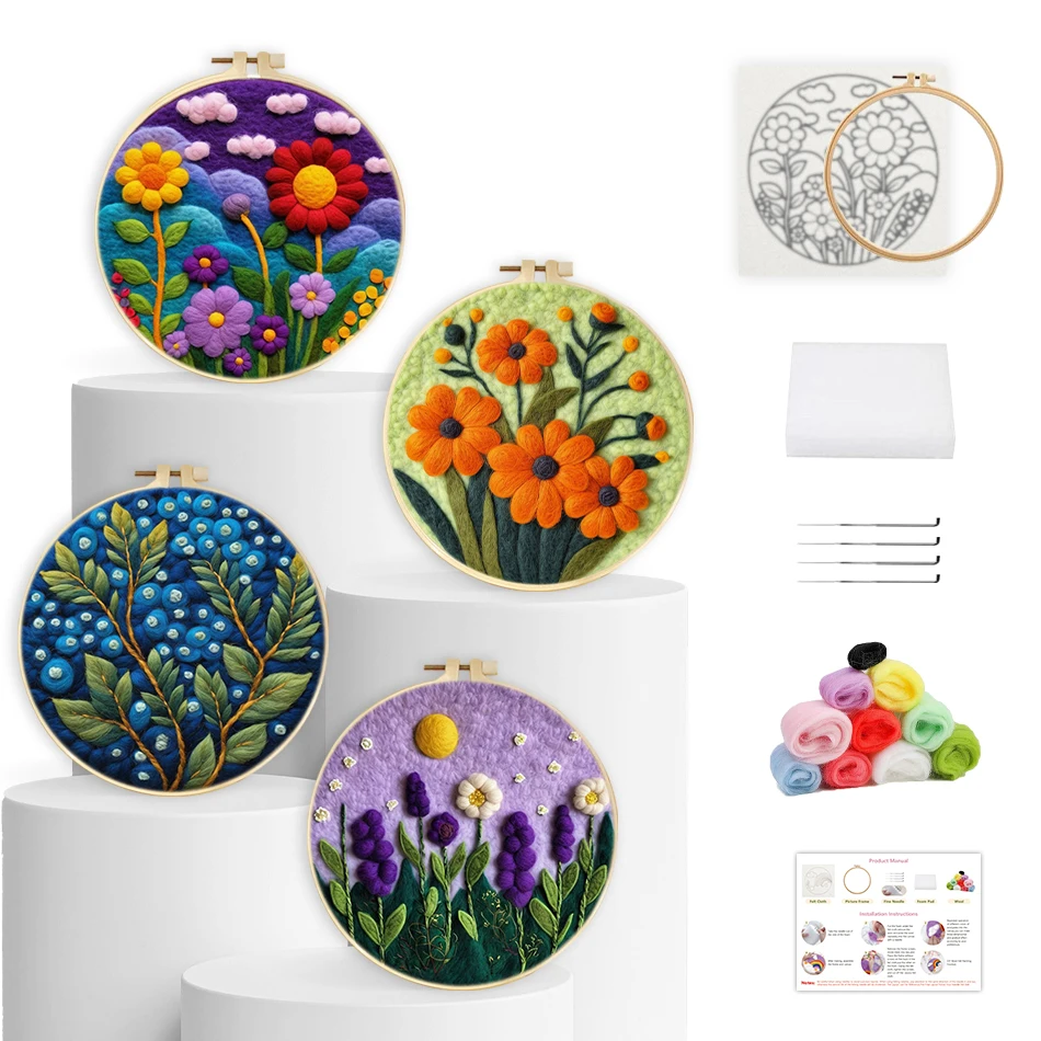 

RUOPOTY-Needle Felting Wool Plants Flower Stitch Embroidery Frame Set Handicraft Worsted Wool Diy Craft Supplies Needle Wall Art