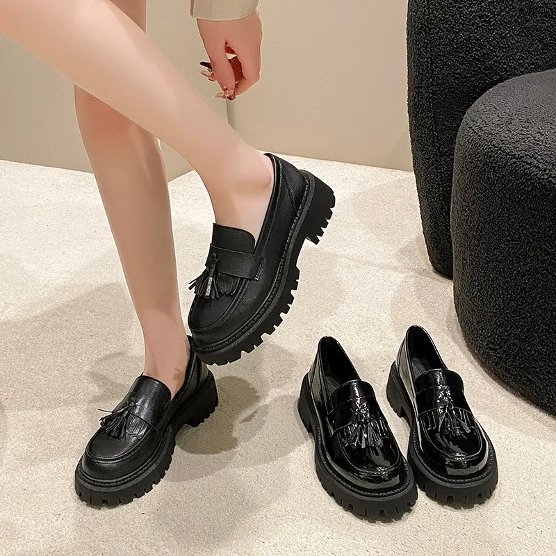 Women\'s Spring Shoes 2024 New British Style Tassel College  Retro Single Shoes  Large-Sized Female Home Office Loafers