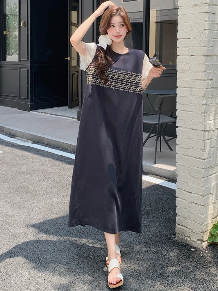 فستان نسائي مقاس كبير من NYFS لصيف 2025 فساتين طويلة فضفاضة مرقعة من الدانتيل رداء Elbise بأكمام قصيرة على الطراز الكوري #2