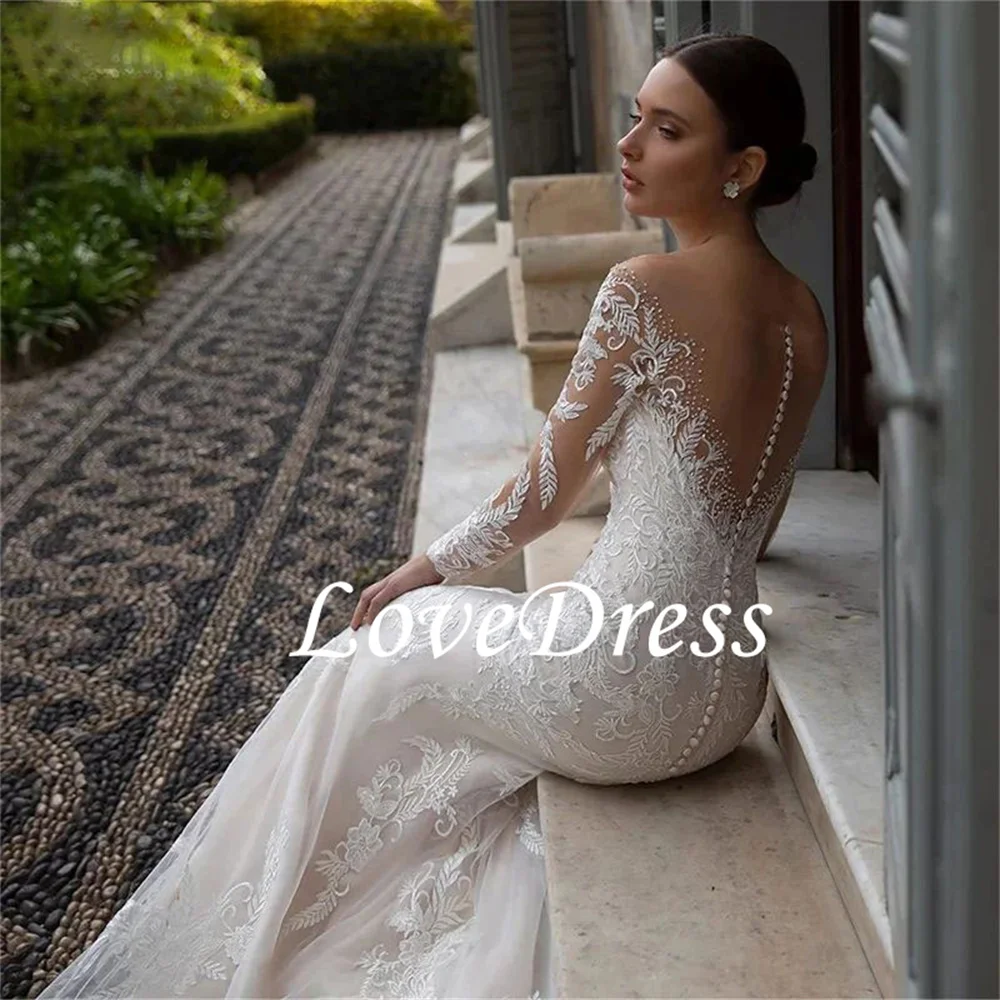 Lovedress Luxe V-Hals Trouwjurk Lange Mouwloze Bruidsjurken Zeemeermin Sexy Kralen Liefje Kanten Appliques Robe De Mariee