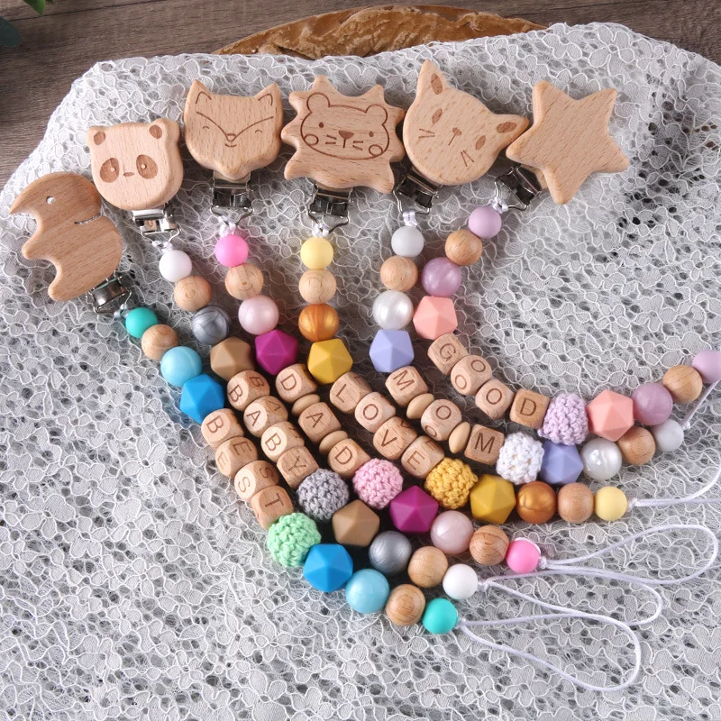 

Colorful Wooden Beaded Pacifier Clips with Adorable Animal and Star Charms