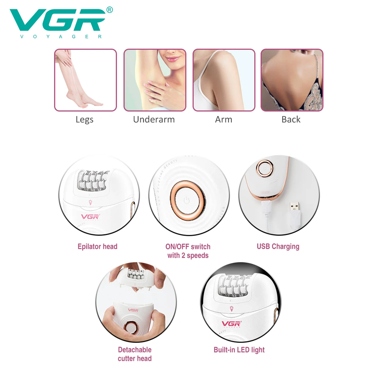 VGR مكينة حلاقة للمناطق الحساسه ماكينة إزالة الشعر الاحترافية 3 في 1 ماكينة إزالة الشعر IPX4 ماكينة إزالة الشعر قابلة لإعادة الشحن ماكينة تشذيب الشعر ماكينة إزالة الشعر الكهربائية ماكينة إزالة الشعر للنساء V-739