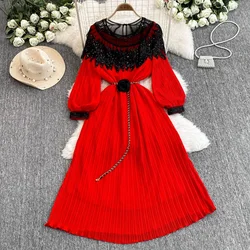 French Retro Rhine Stone Lace Up Lantern Long Sleeve O Neck Dress Chic Fashion Ceremonial A-line Women Dress