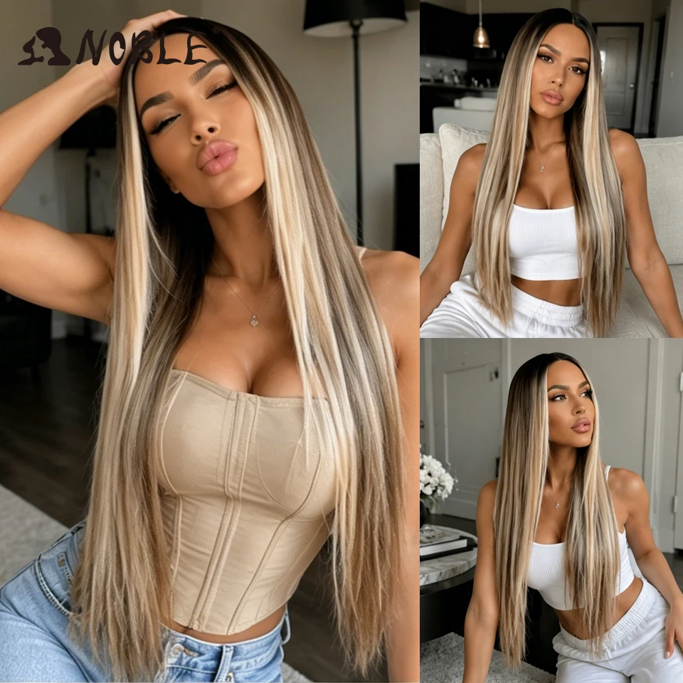 Noble Cosplay Long Straight Synthetic Lace Front Wigs For Women 30 Inch Middle Part Synthetic Lace Wig High Temperature Fiber